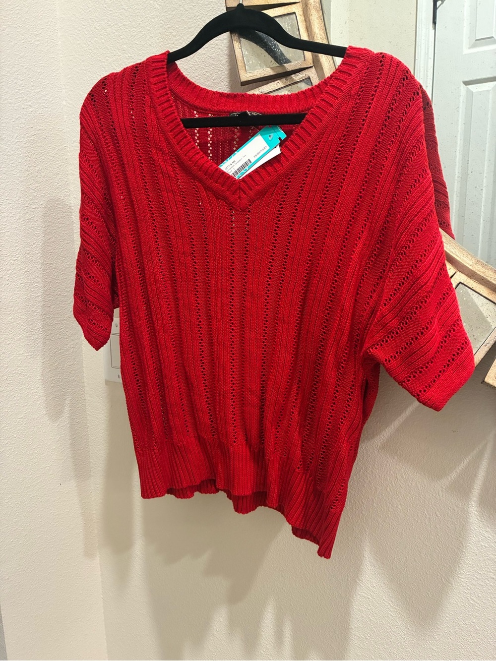 Women's Red V-Neck Short Sleeve Knit Sweater